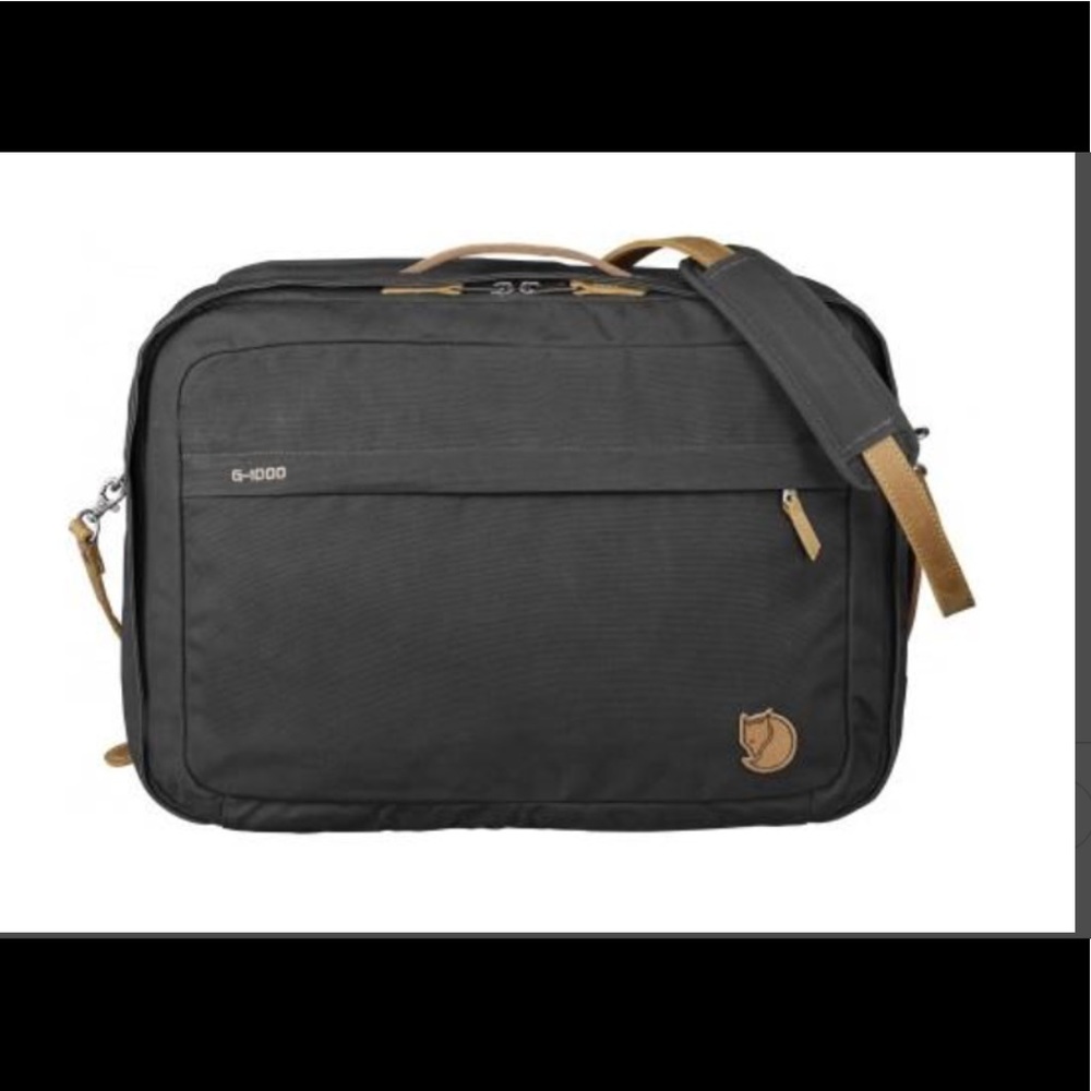 Fjallraven Briefpack—charcoal gray—cognac strap
